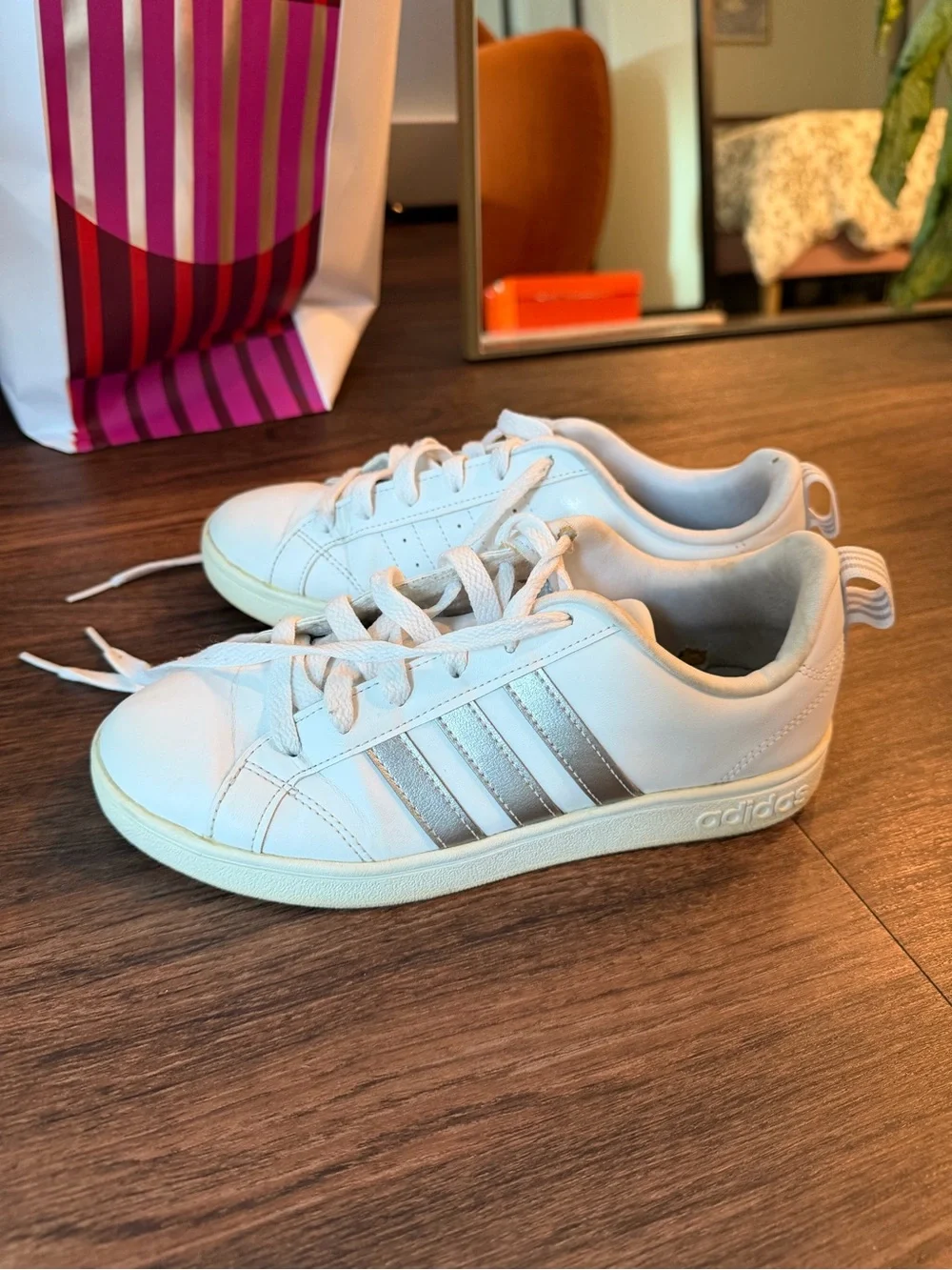 adidas White Sneakers with Silver Stripes